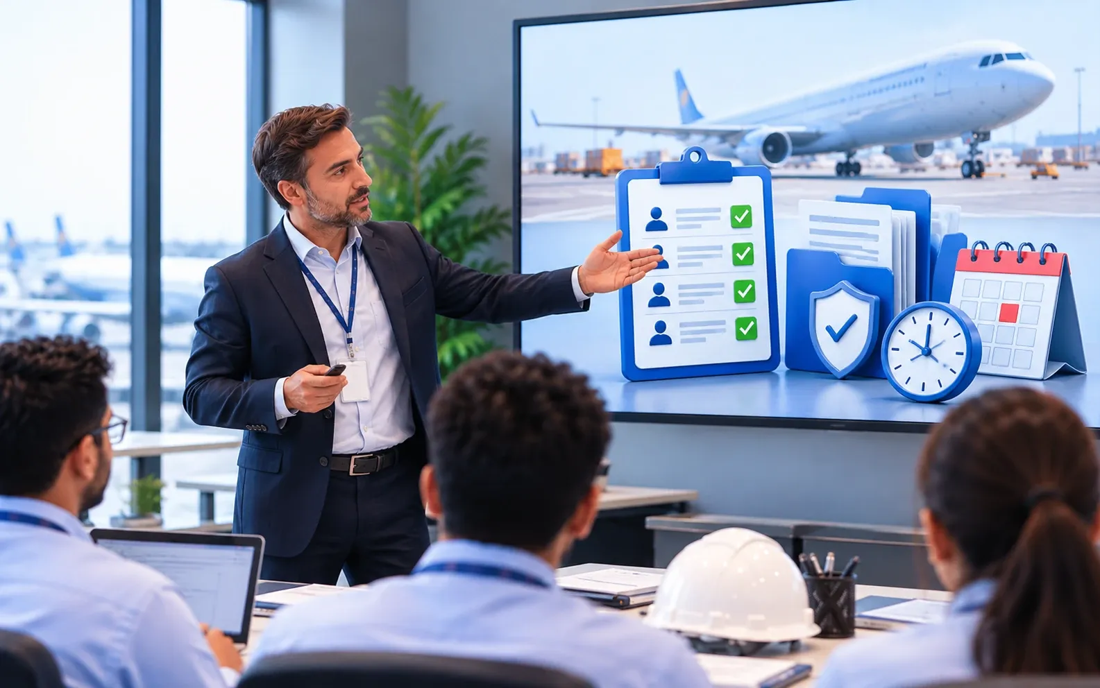 Corporate dangerous goods training: a trainer walking a company team through staff training records