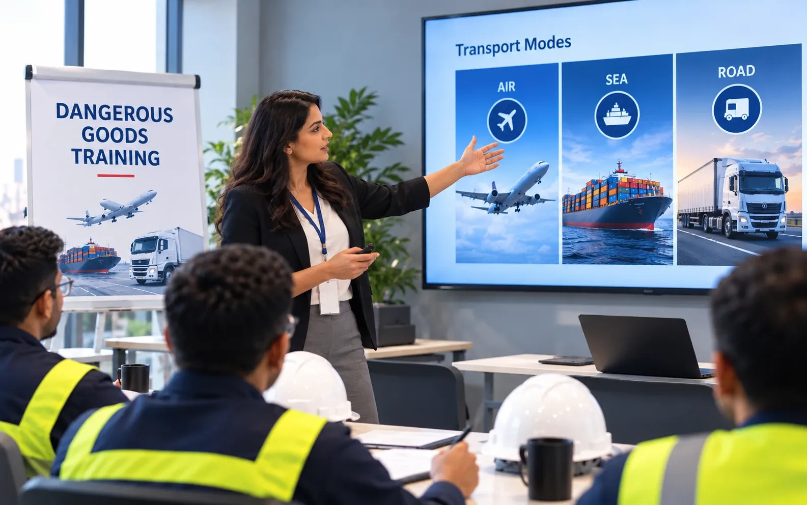 Instructor explaining air, sea and road transport of dangerous goods to a class at DGR Aviation, Dubai
