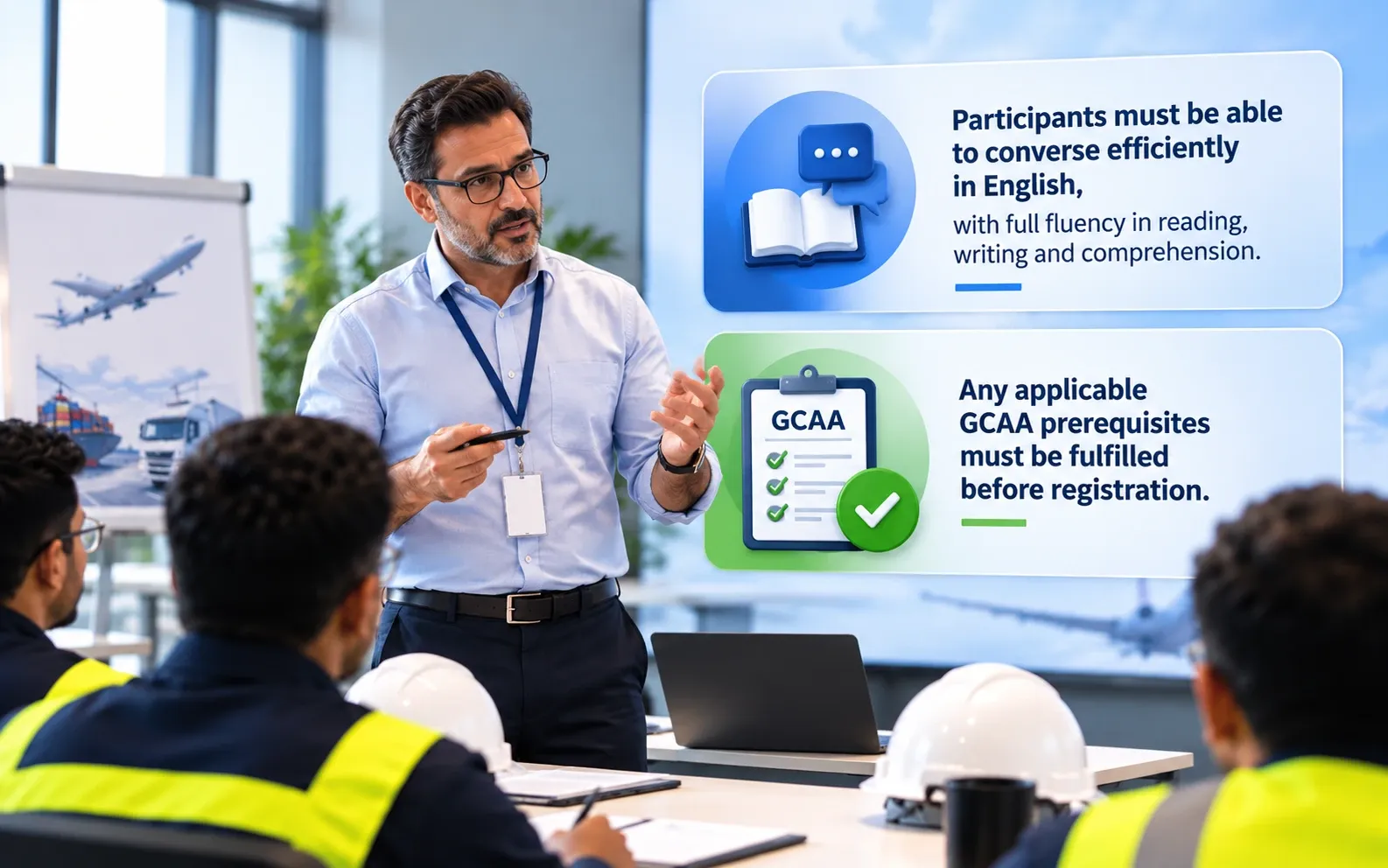 Instructor explaining the English-language and GCAA prerequisites for the course
