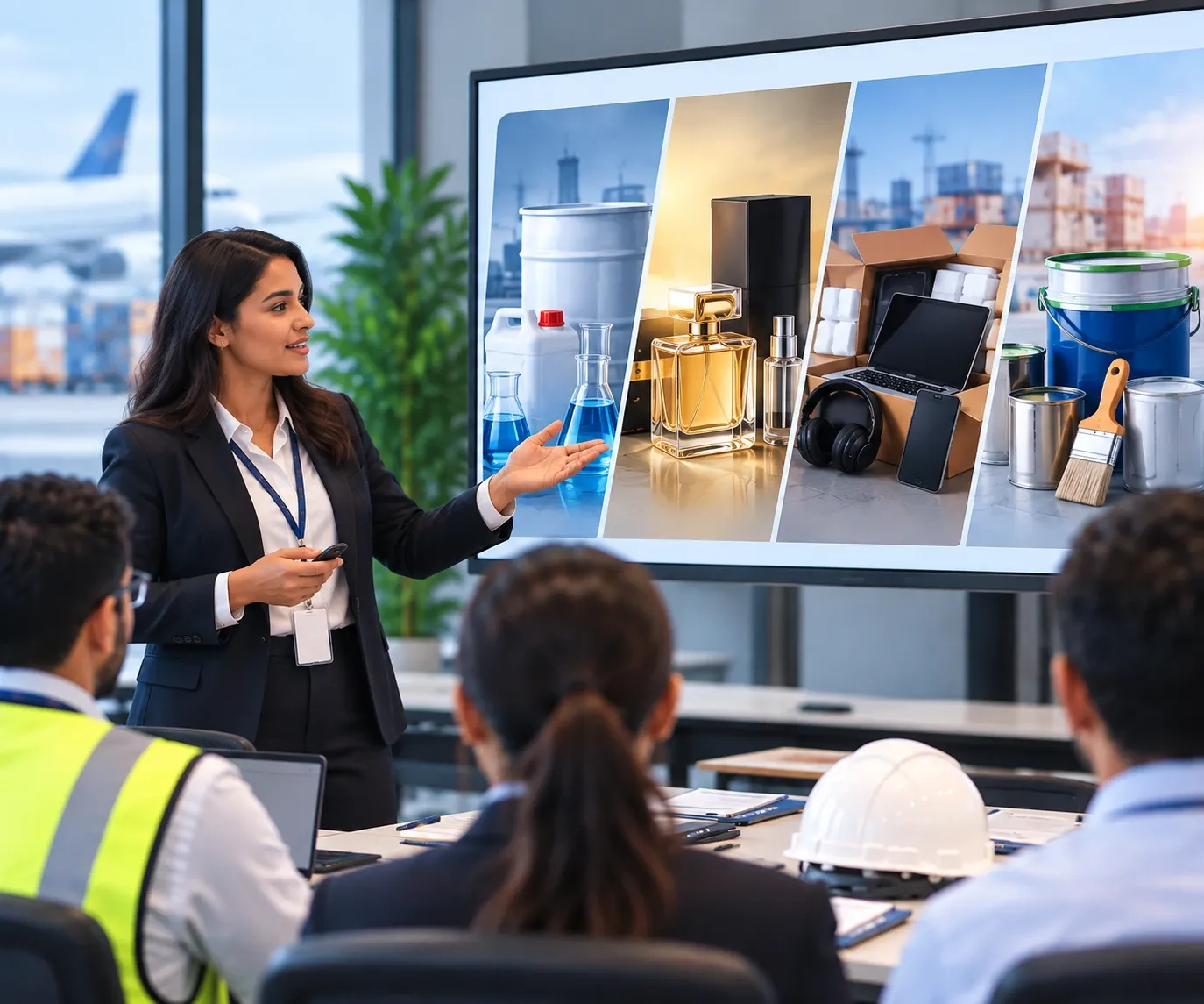 Trainer presenting chemicals, perfume, electronics and paint as dangerous goods for industry teams